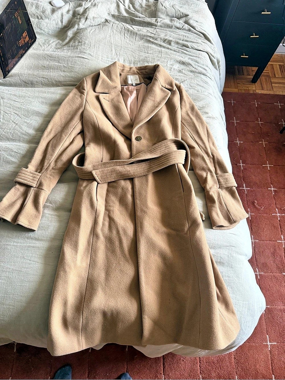 Jolie Belted Wool-Style Trench Coat in Brown Size Medium